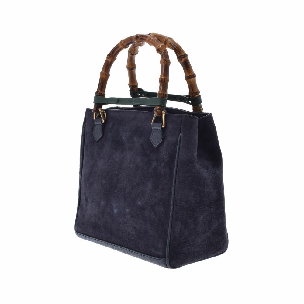 Gucci 2way Handbag Suede Navy Bamboo Pigskin Blue Handle Top